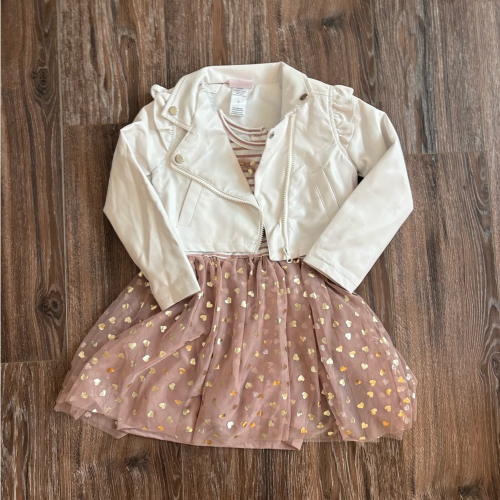 Cream Jacket with Pink Dress and Gold Hearts